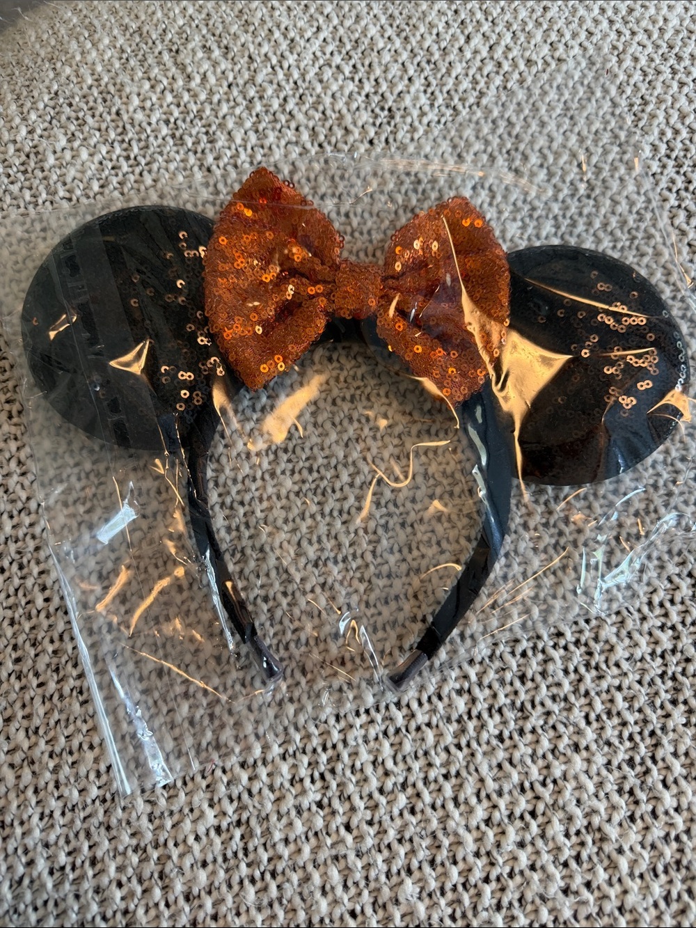 Black Sequin Minnie Ears Headband with Orange Sequin Bow